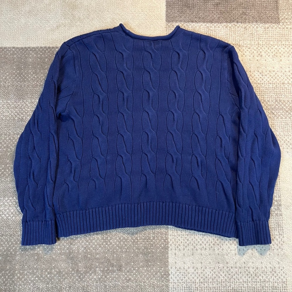 Polo Ralph Lauren Mens XL Blue Cable Knit Cotton Crewneck Sweater Pony Logo - Picture 4 of 6